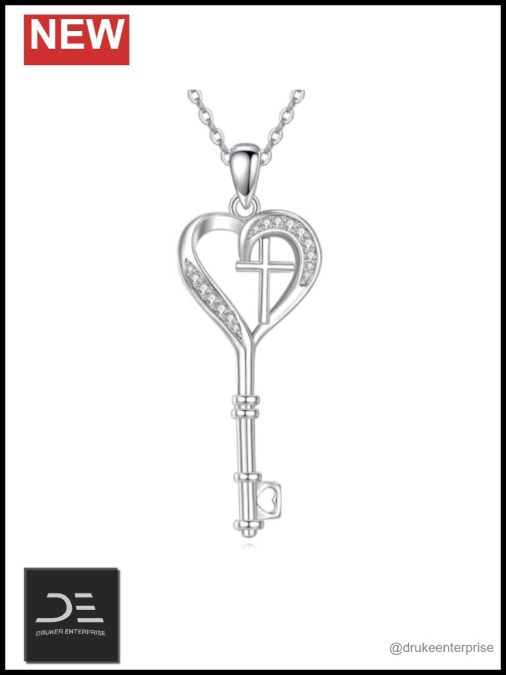 Heart Cross Key Necklace 925 Sterling Silver Pendant CZ Christian Gift Women